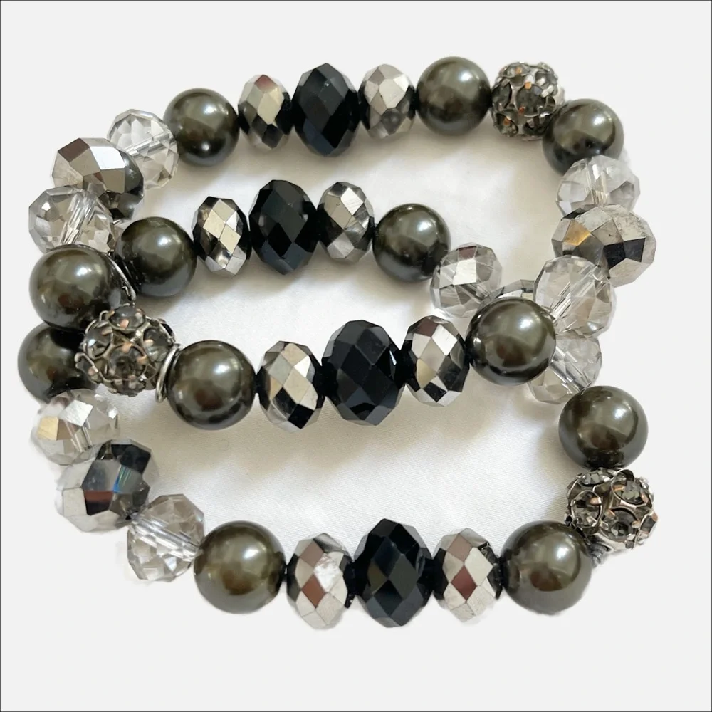 2 Beaded Stacking Bracelets with Black, Silver, Hematite, Rhinestone
